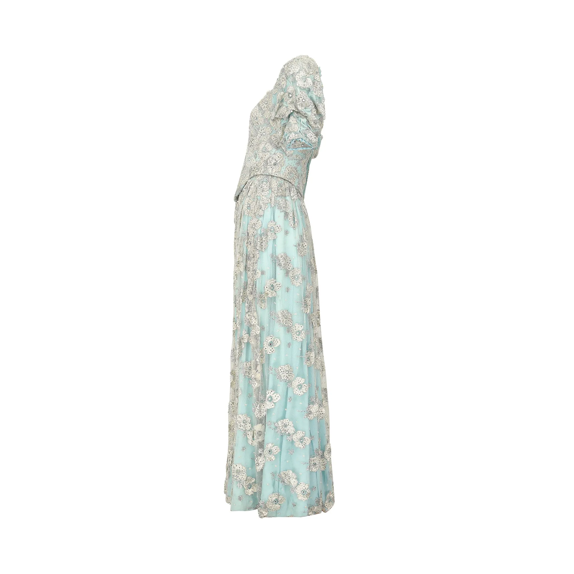 1990s Bespoke Embellished Lace and Crystal Turquoise Dress