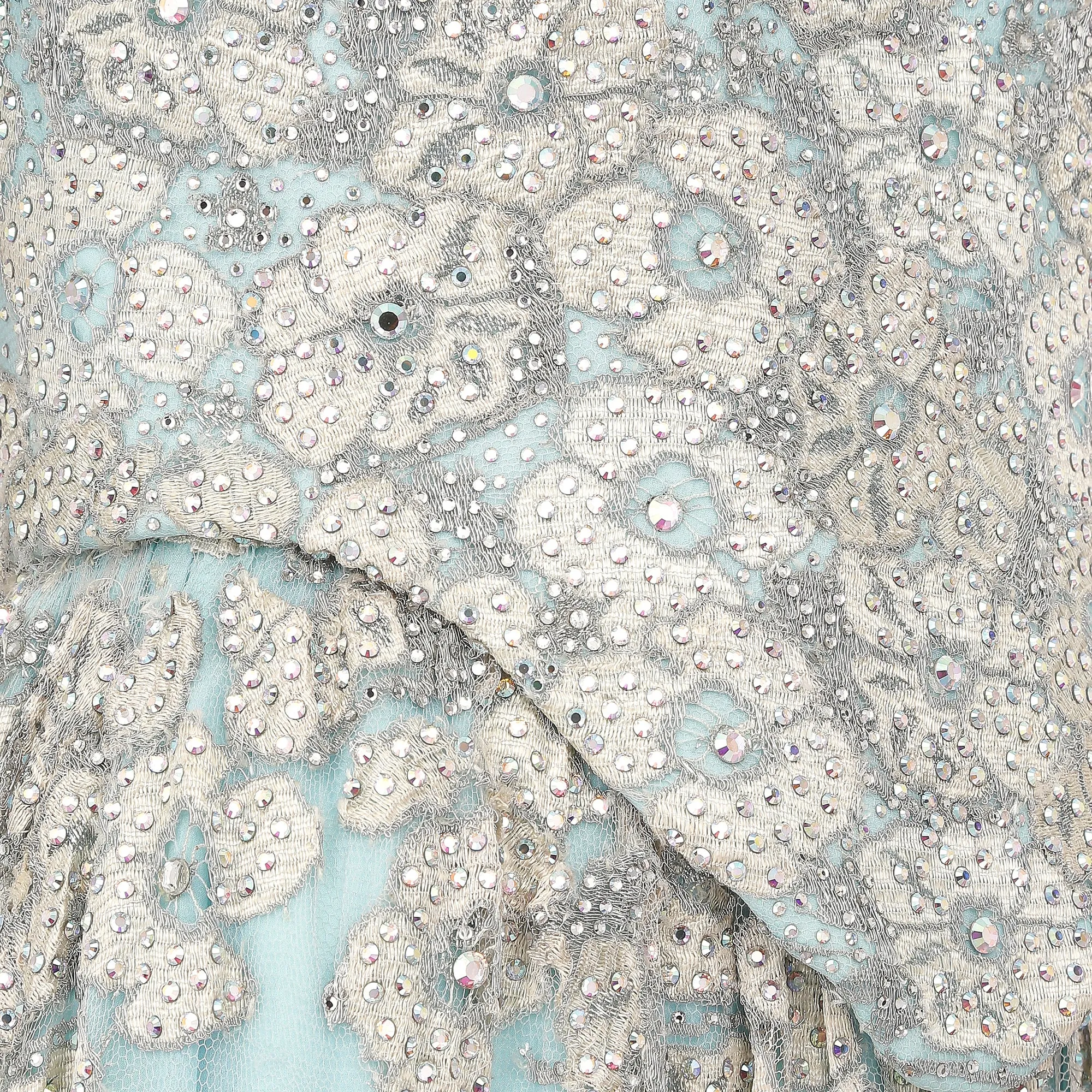 1990s Bespoke Embellished Lace and Crystal Turquoise Dress