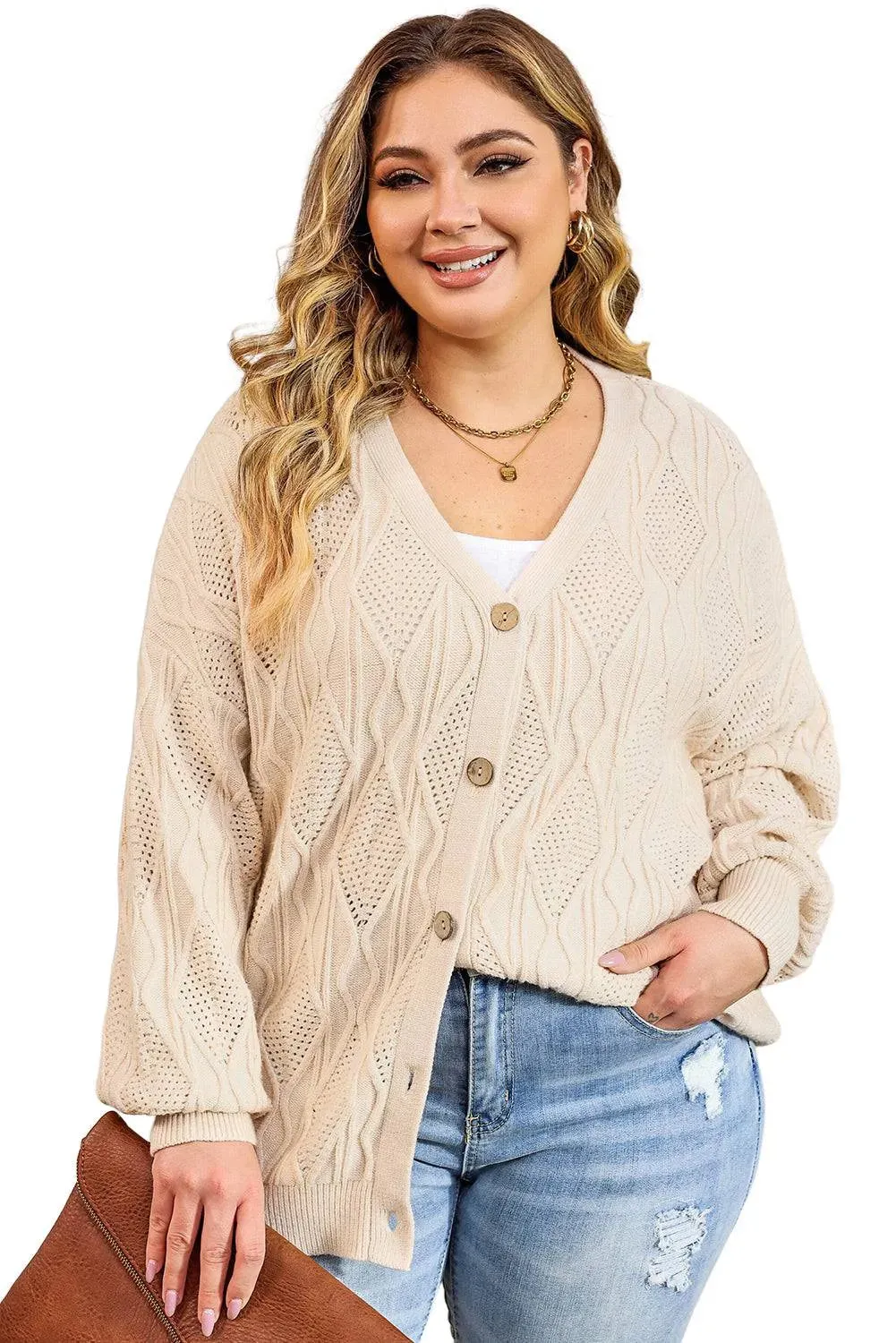 Apricot Plus Size Knitted Button Up Cardigan