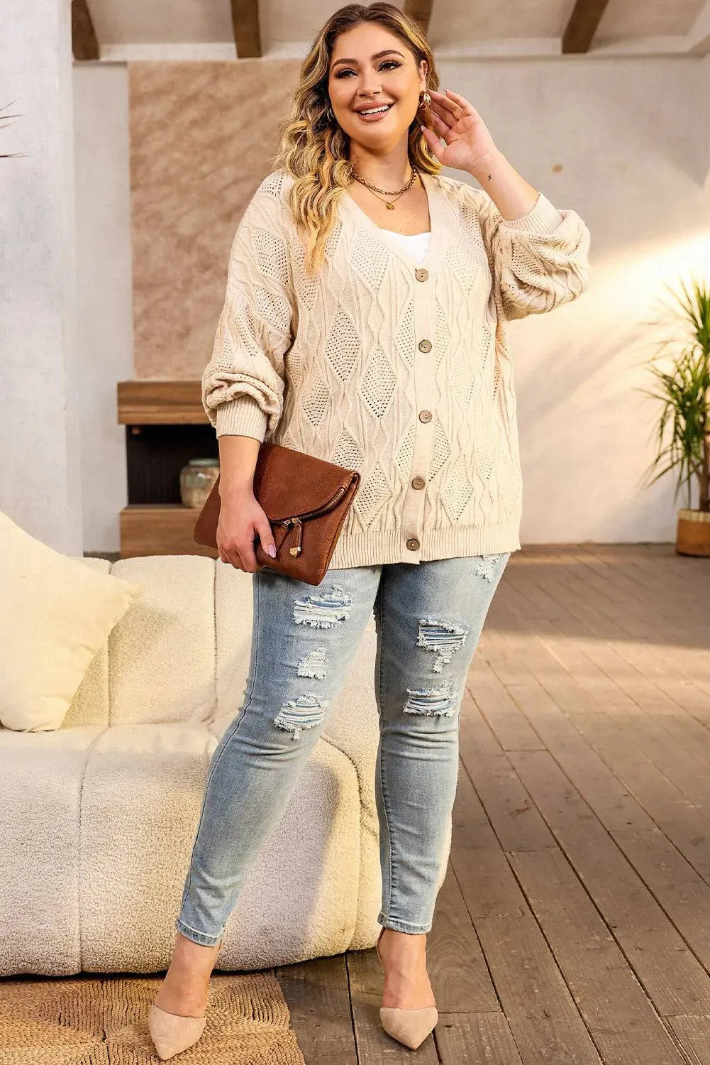 Apricot Plus Size Knitted Button Up Cardigan