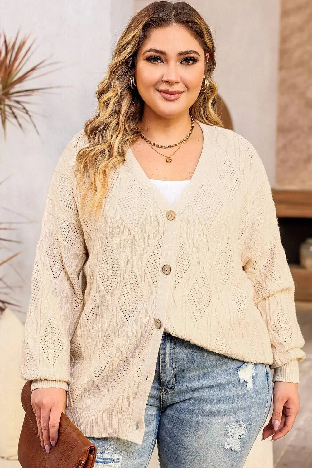 Apricot Plus Size Knitted Button Up Cardigan