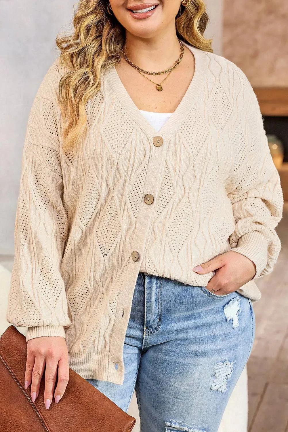 Apricot Plus Size Knitted Button Up Cardigan