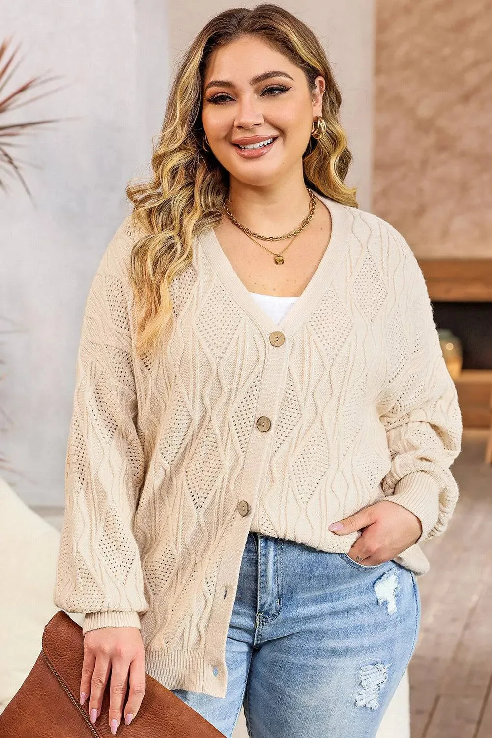 Apricot Plus Size Knitted Button Up Cardigan