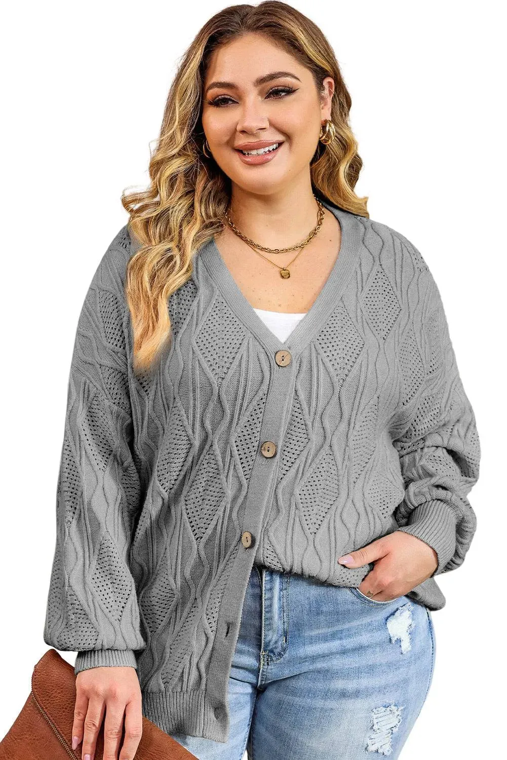 Apricot Plus Size Knitted Button Up Cardigan