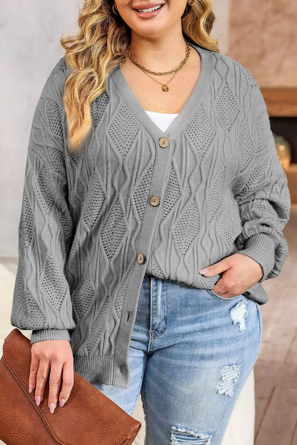 Apricot Plus Size Knitted Button Up Cardigan