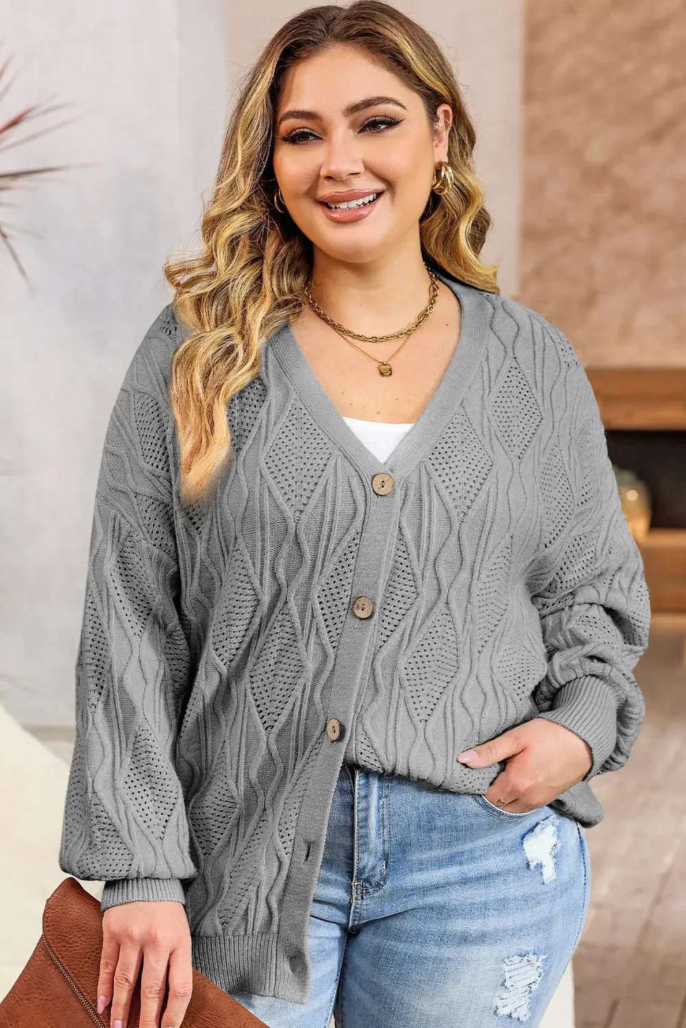 Apricot Plus Size Knitted Button Up Cardigan