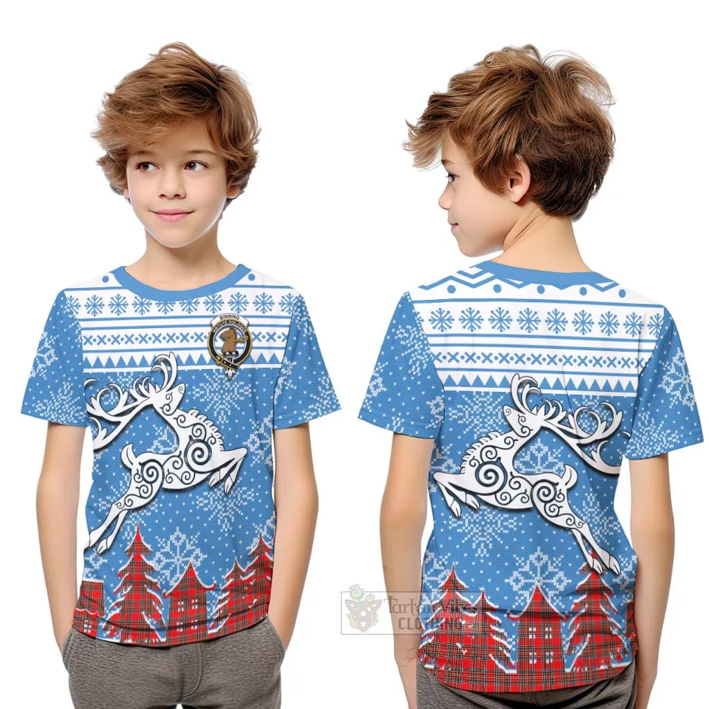 Binning Clan Christmas Kid T-Shirt Celtic Reindeer Style