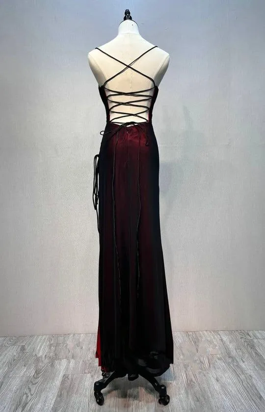 Black And Red Mermaid Straps Long Evening Dress, Long Prom Dress With Leg Slit          fg6203