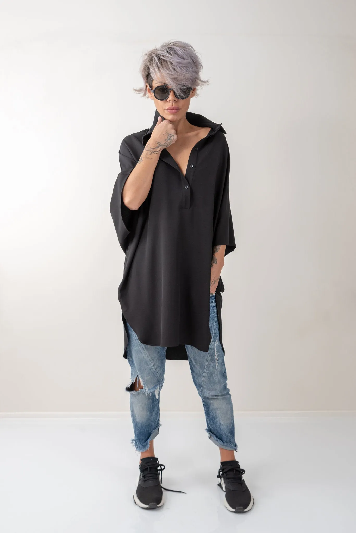 Black Loose Asymmetric Oversize Extravagant Shirt