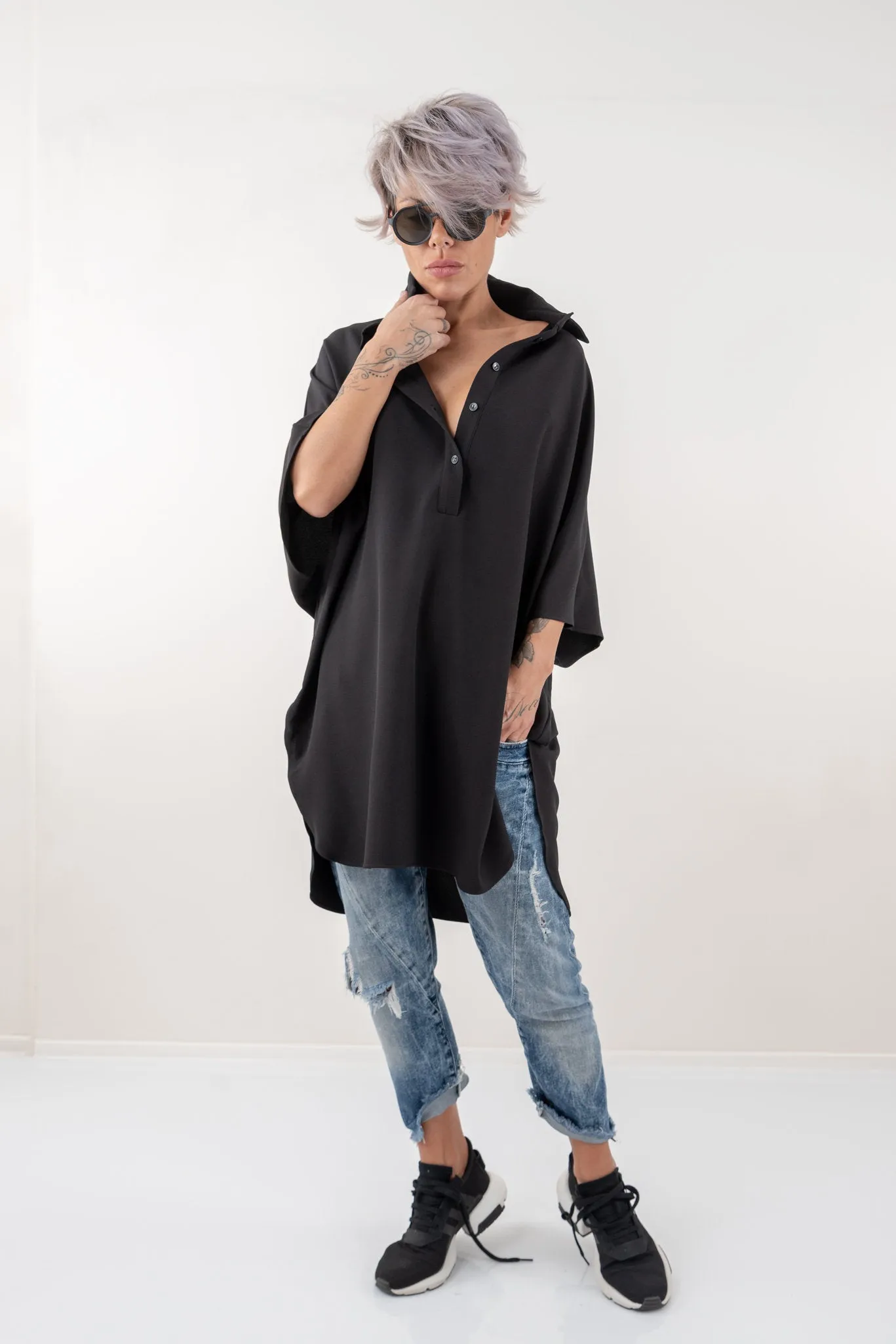 Black Loose Asymmetric Oversize Extravagant Shirt