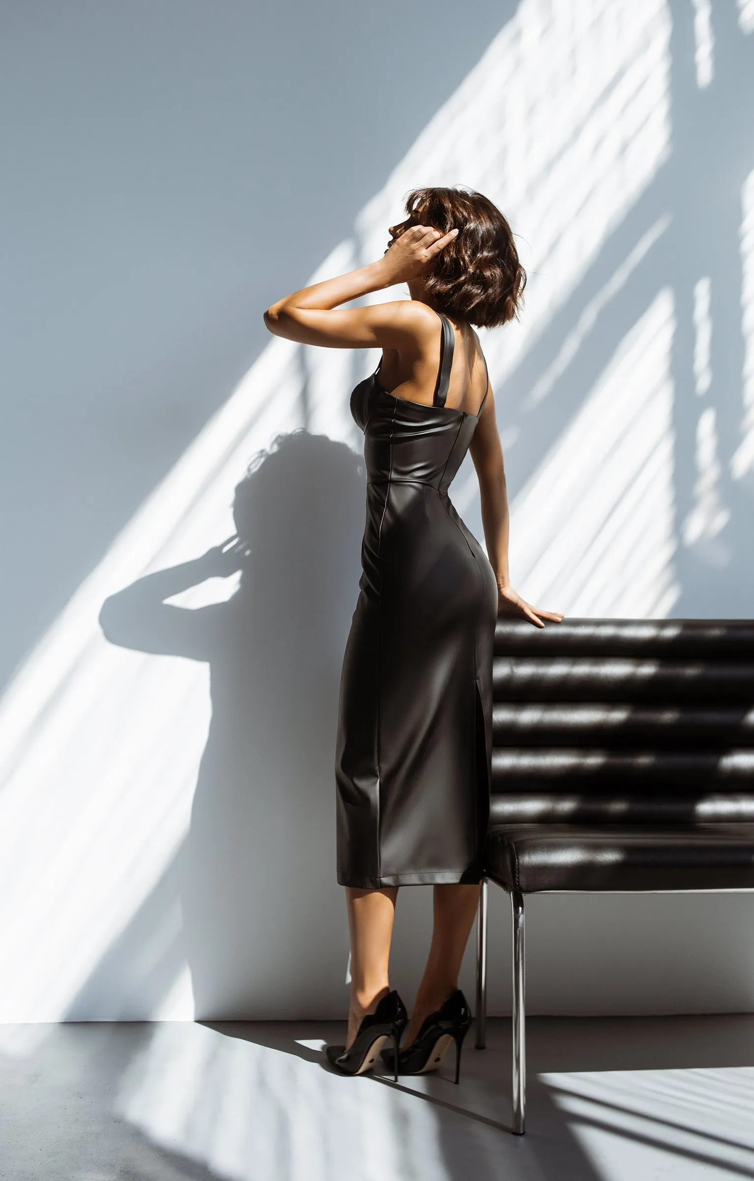 Black Vegan Leather Sweetheart Midi Dress