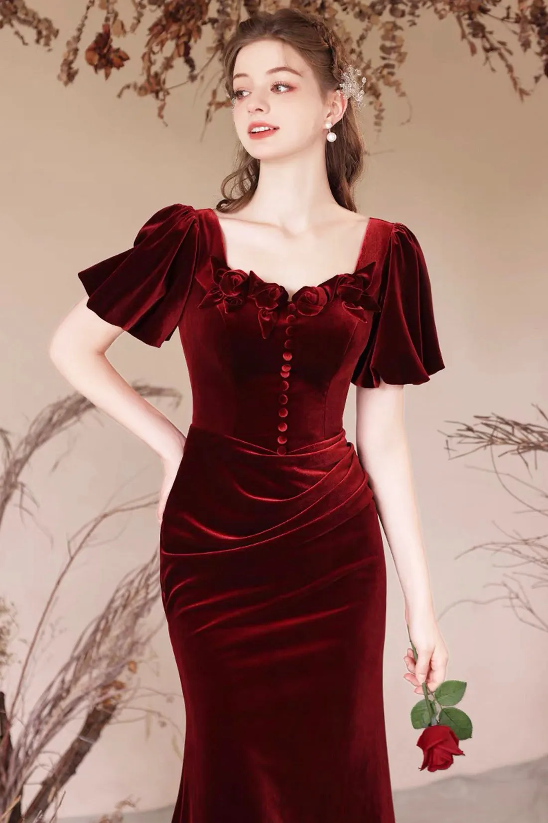Burgundy Velvet Long Prom Dress, Mermaid Short Sleeve Evening Party Dress