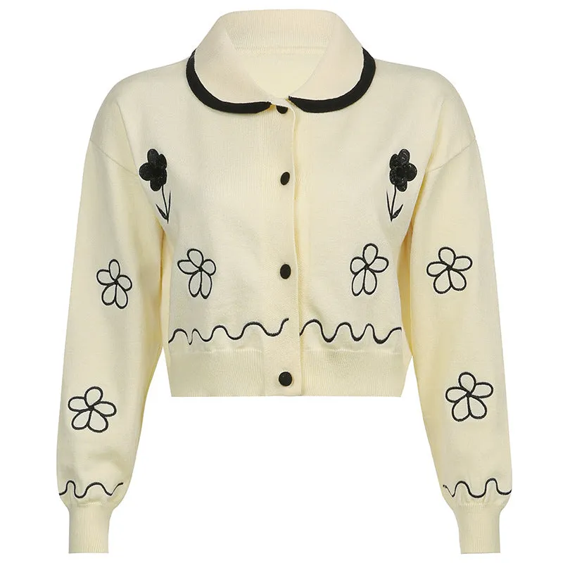 Button Down Floral Doll Collar Short Cardigan