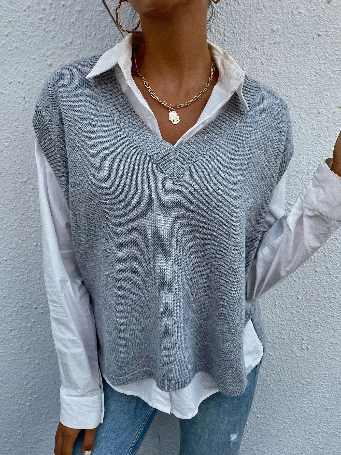 Casual Plain Cap Sleeve V Neck Regular Women Knit Top