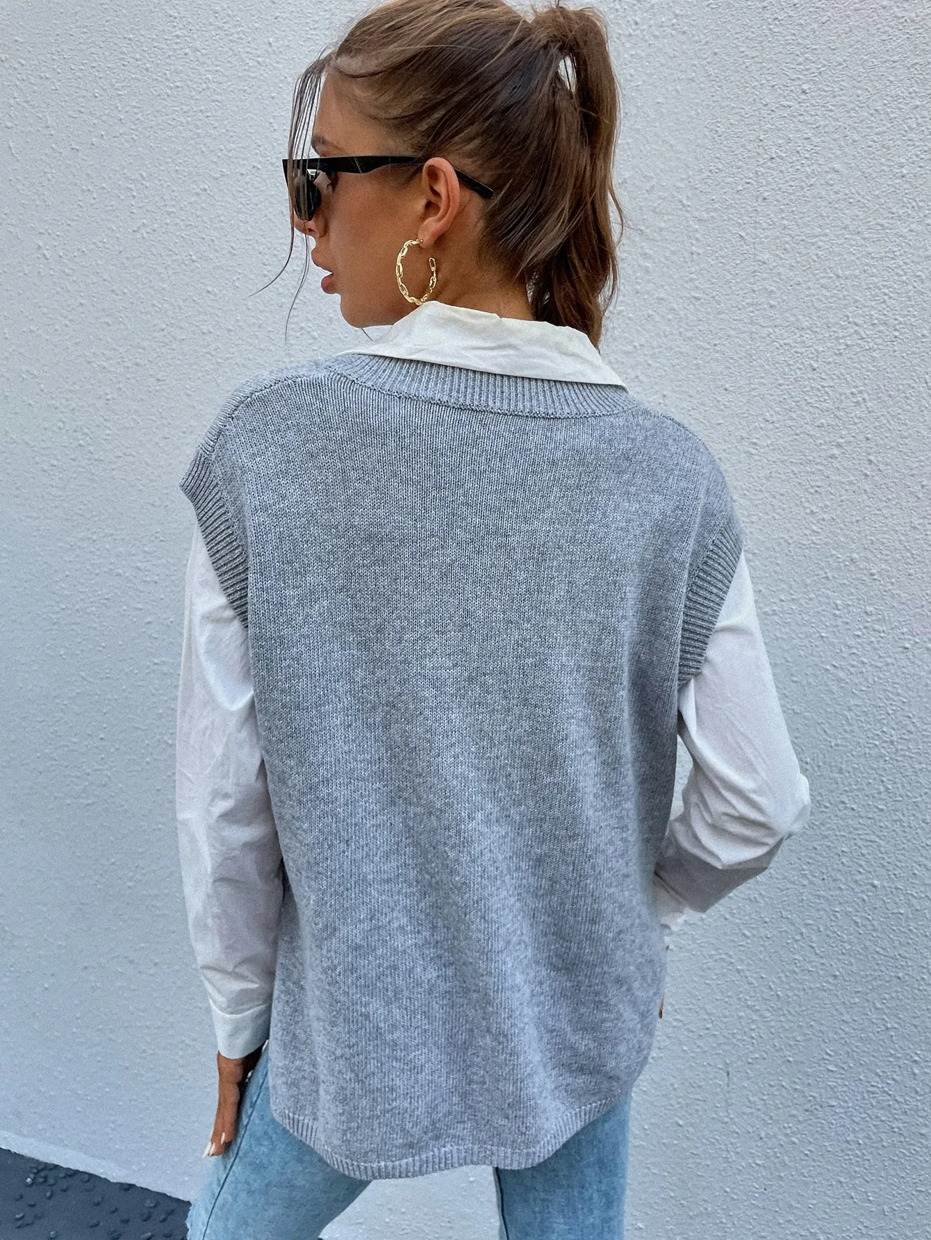 Casual Plain Cap Sleeve V Neck Regular Women Knit Top