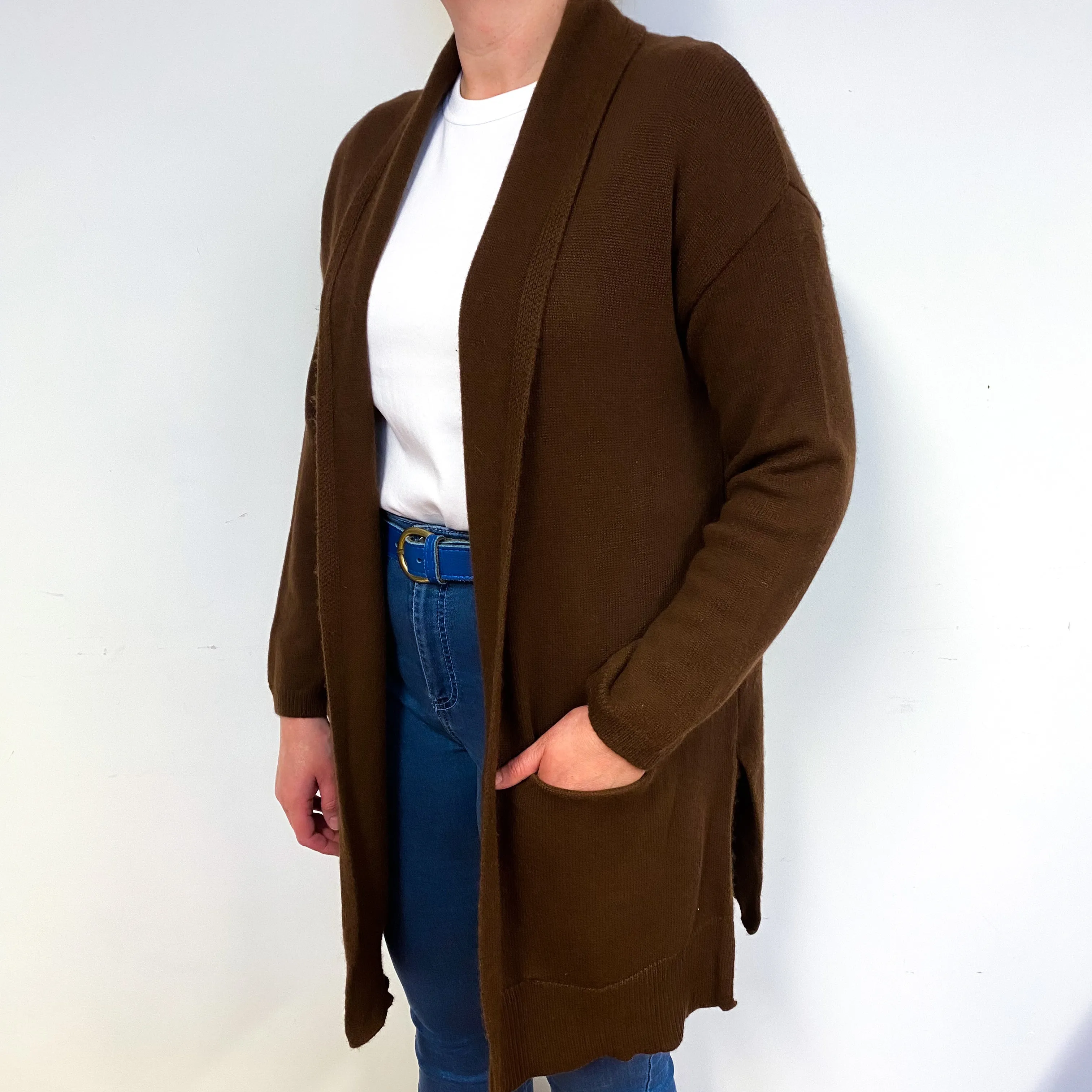 Chocolate Brown Longline Cashmere Edge to Edge Cardigan Large