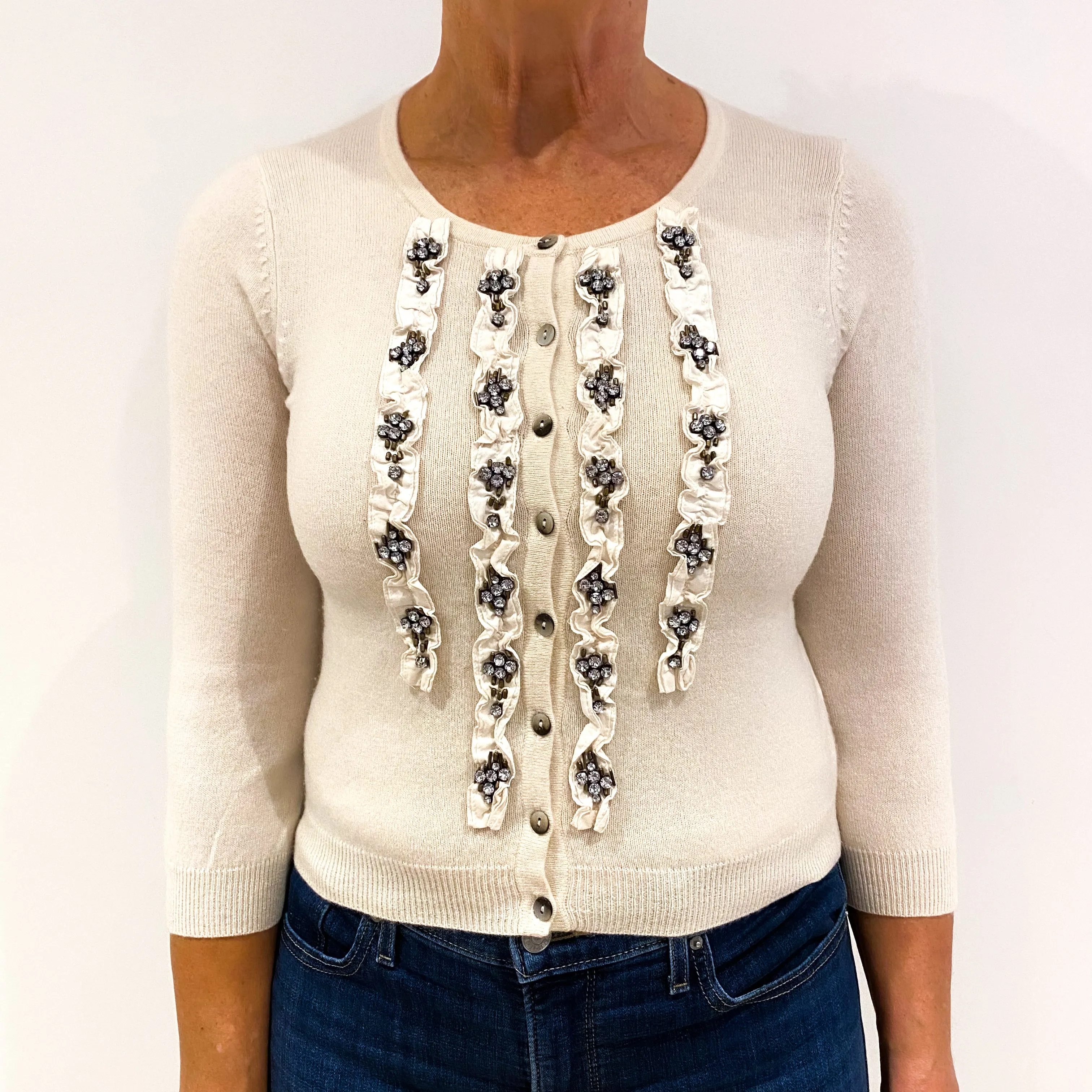 Cream Jewel Panelled Cashmere Crew Neck Cardigan Medium