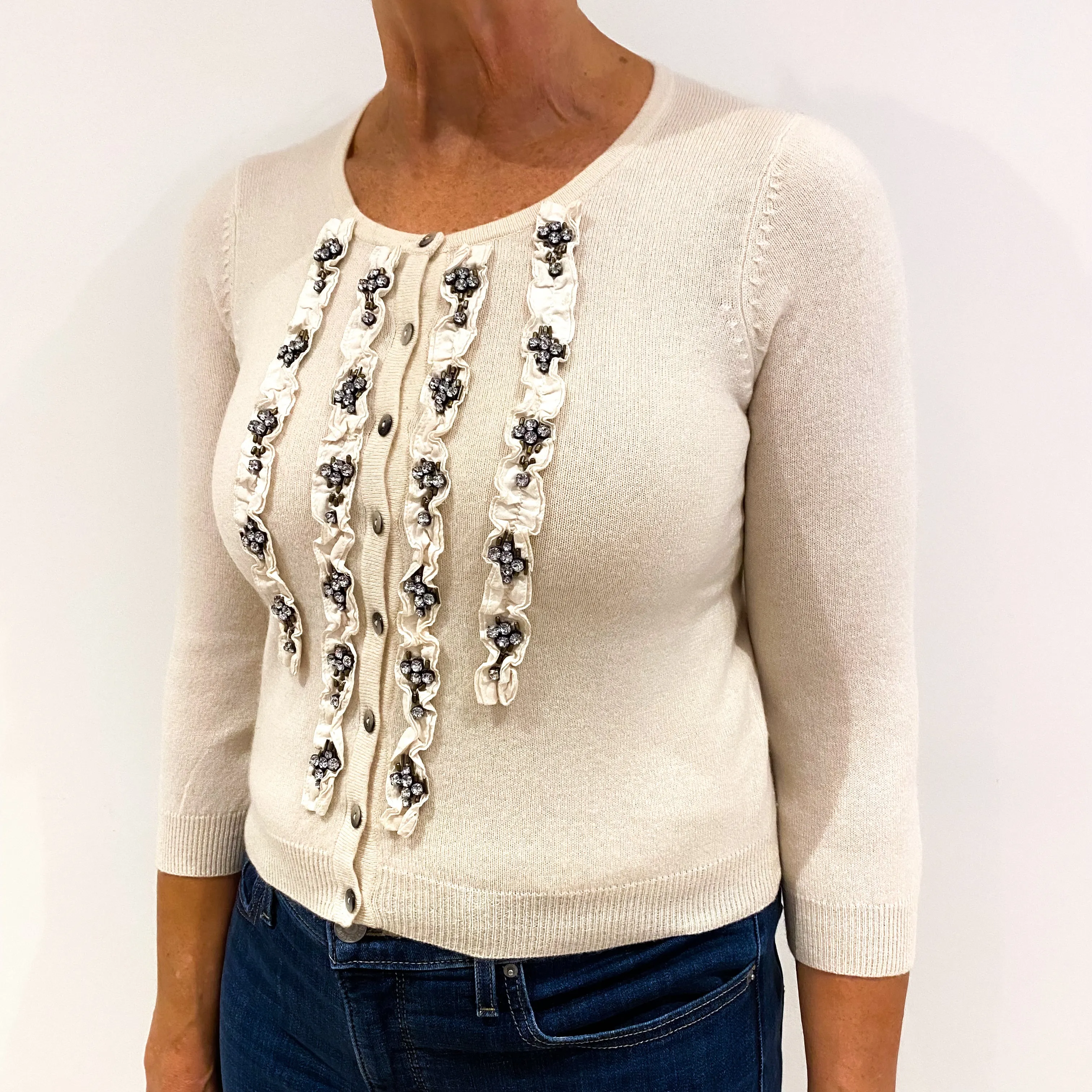 Cream Jewel Panelled Cashmere Crew Neck Cardigan Medium
