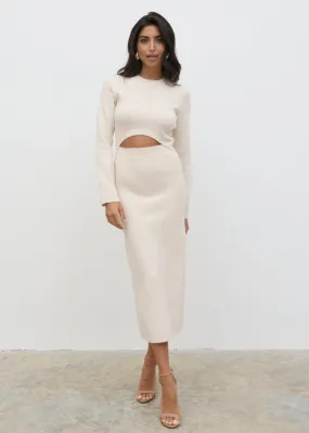 Elena Cut Out Knit Midaxi Dress - Ecru
