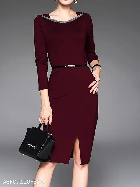 Fashion Solid O-Neck long Sleeve Bodycon Dress