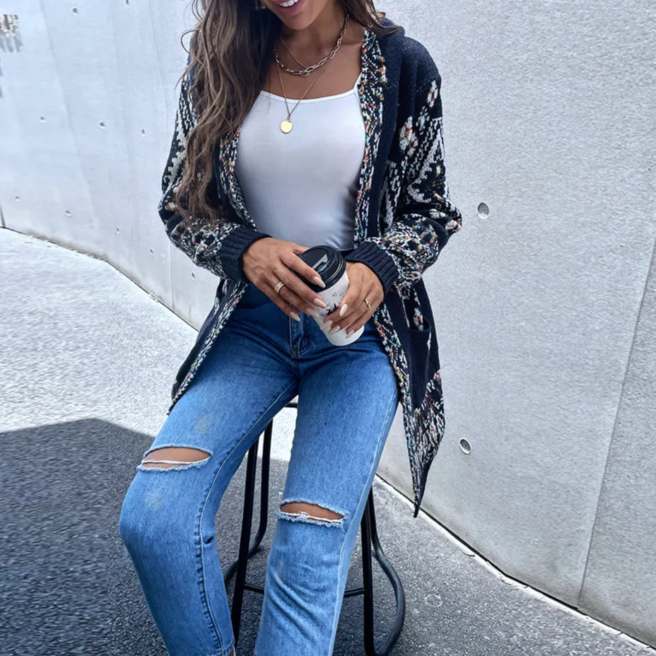 Graphic Jacquard Wholesale Women Knitted Cardigan