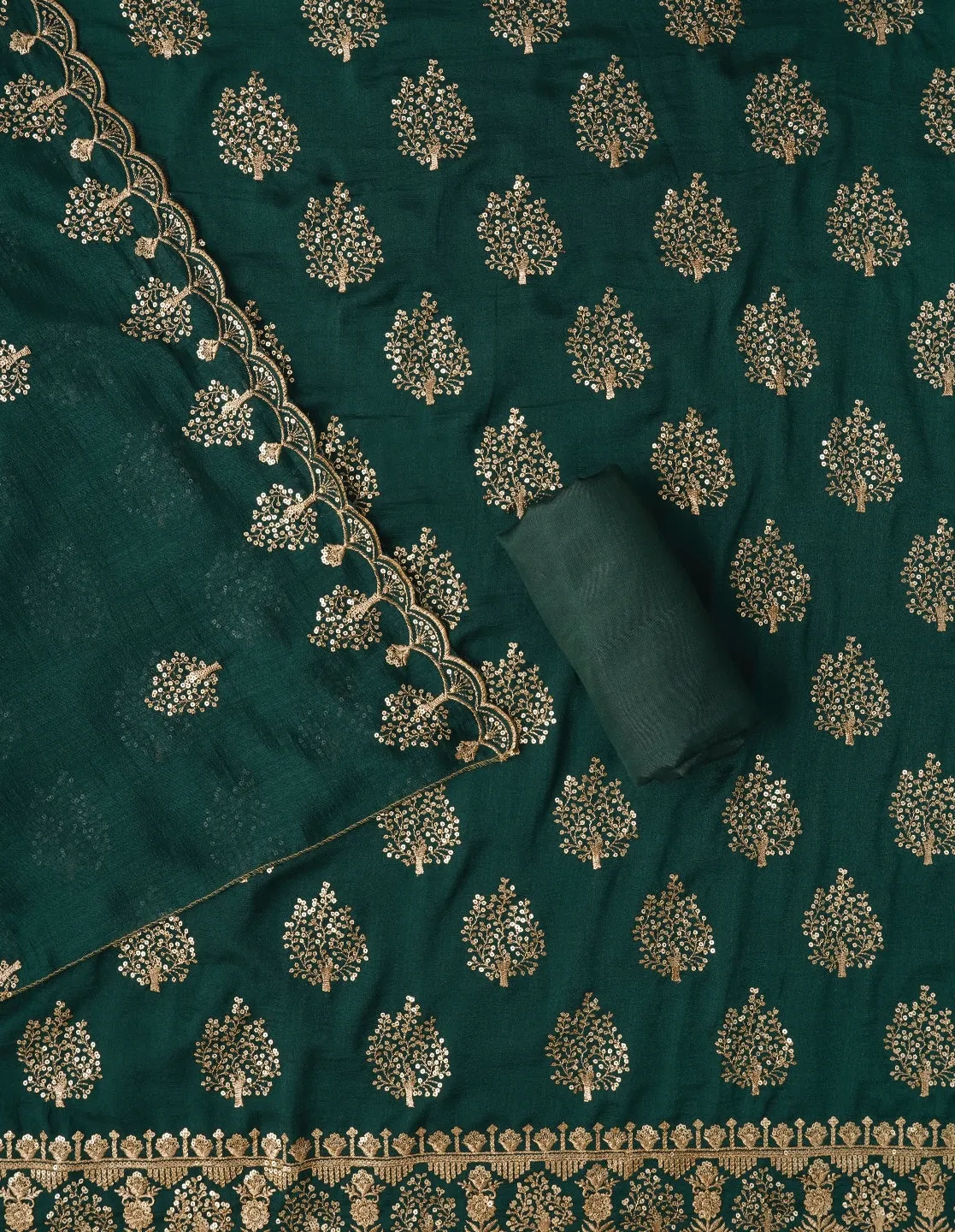 Green Sequin Work Cotton Blend Dress Material with Dupatta