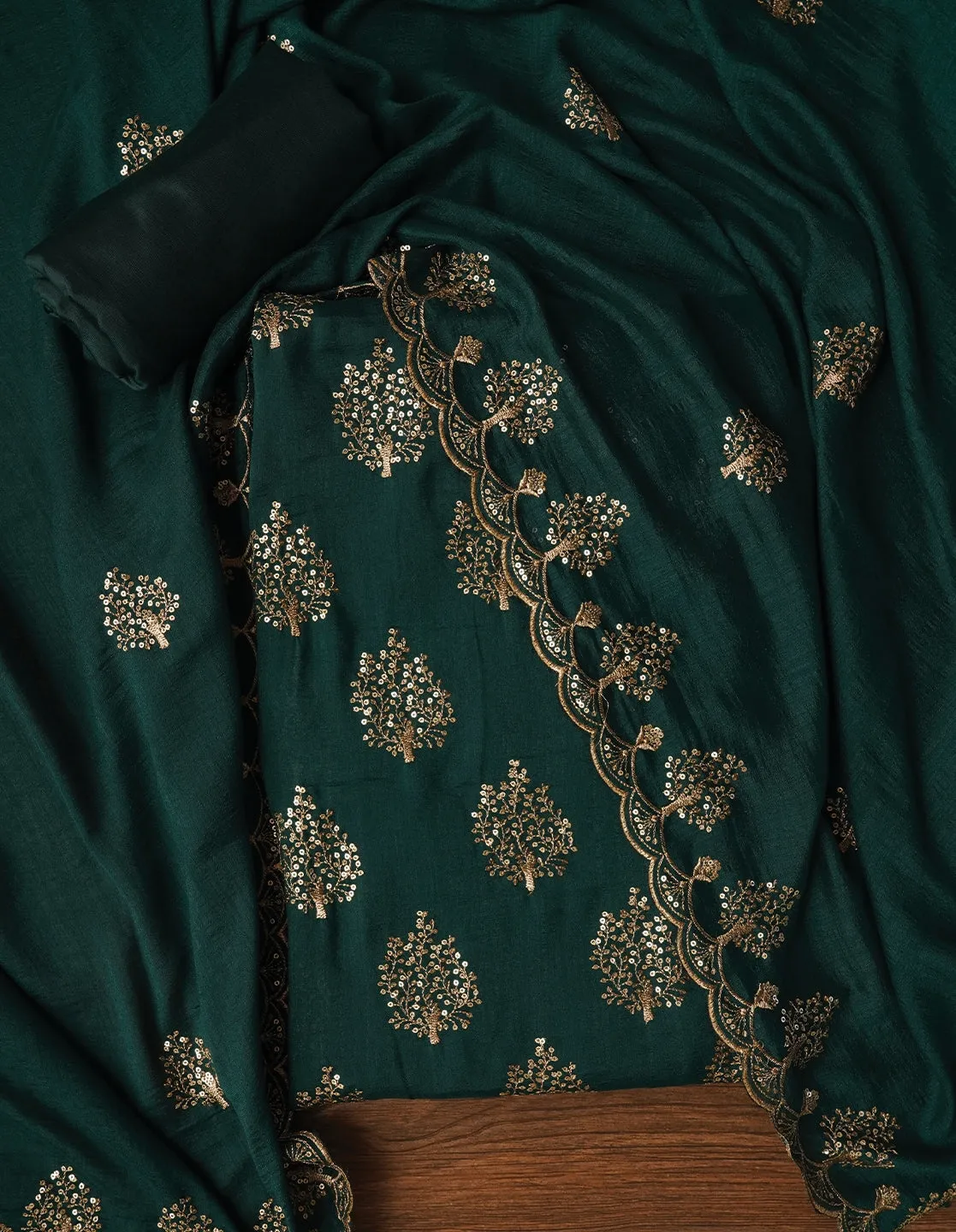 Green Sequin Work Cotton Blend Dress Material with Dupatta
