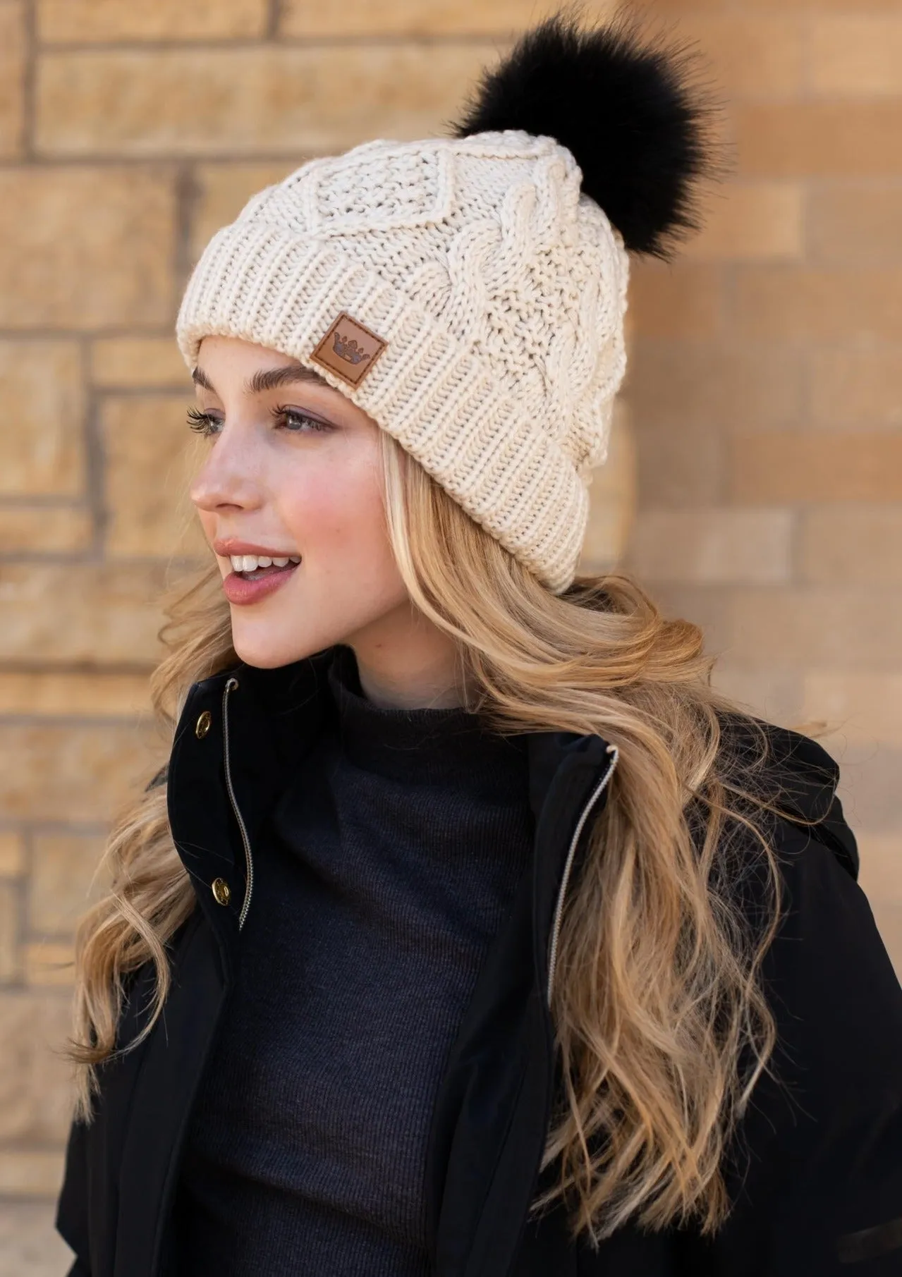 Ivory Cable Knit Fleece Lined Hat w/ Black Pom