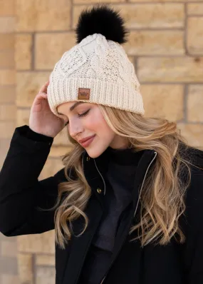 Ivory Cable Knit Fleece Lined Hat w/ Black Pom