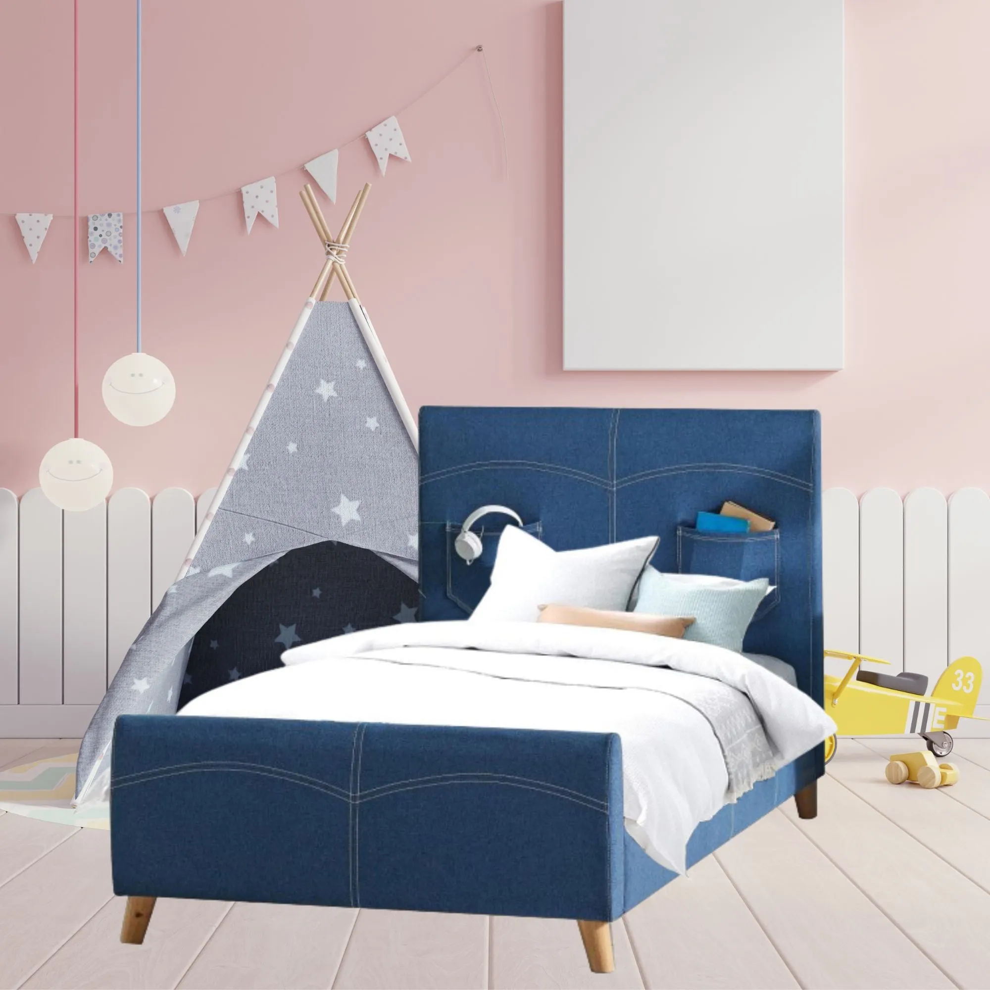 Kids Single Deluxe Fabric Upholstered Bed - Denim