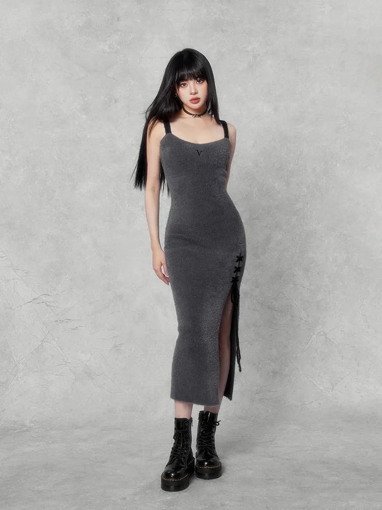 Lace-Up Slit Knit Dress