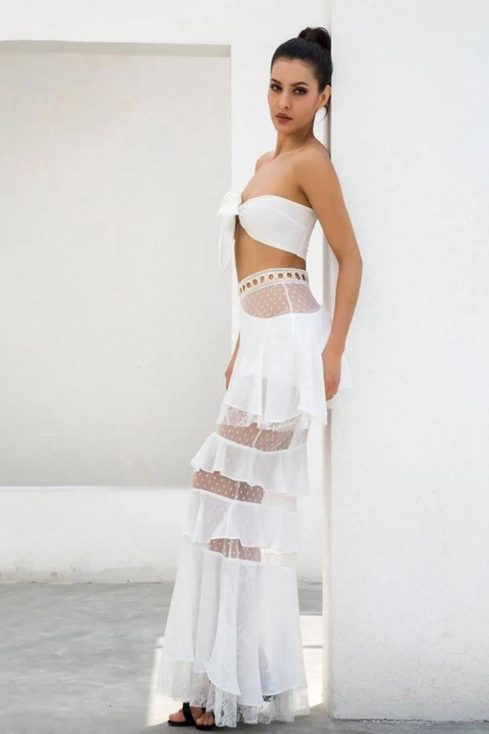 Layered Chiffon Lace Crop Top & Maxi Skirt Matching Set - White