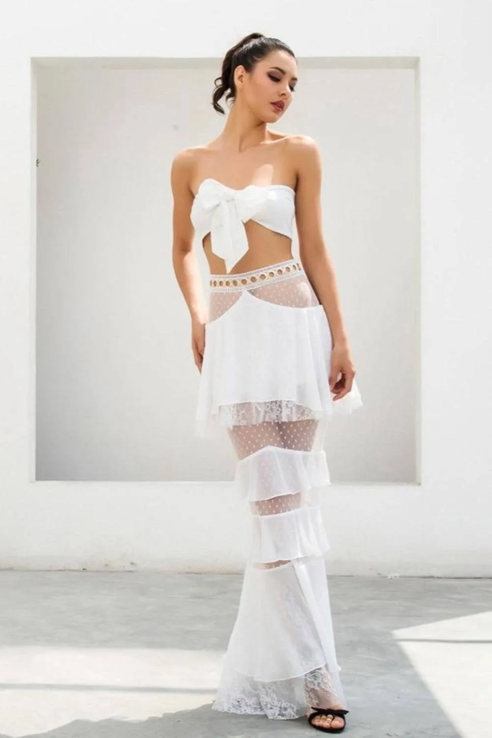 Layered Chiffon Lace Crop Top & Maxi Skirt Matching Set - White