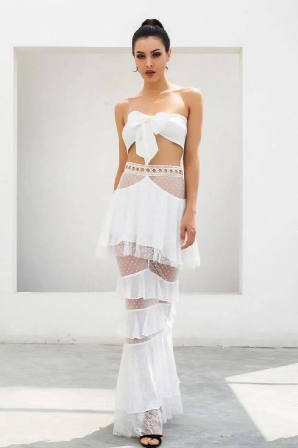 Layered Chiffon Lace Crop Top & Maxi Skirt Matching Set - White