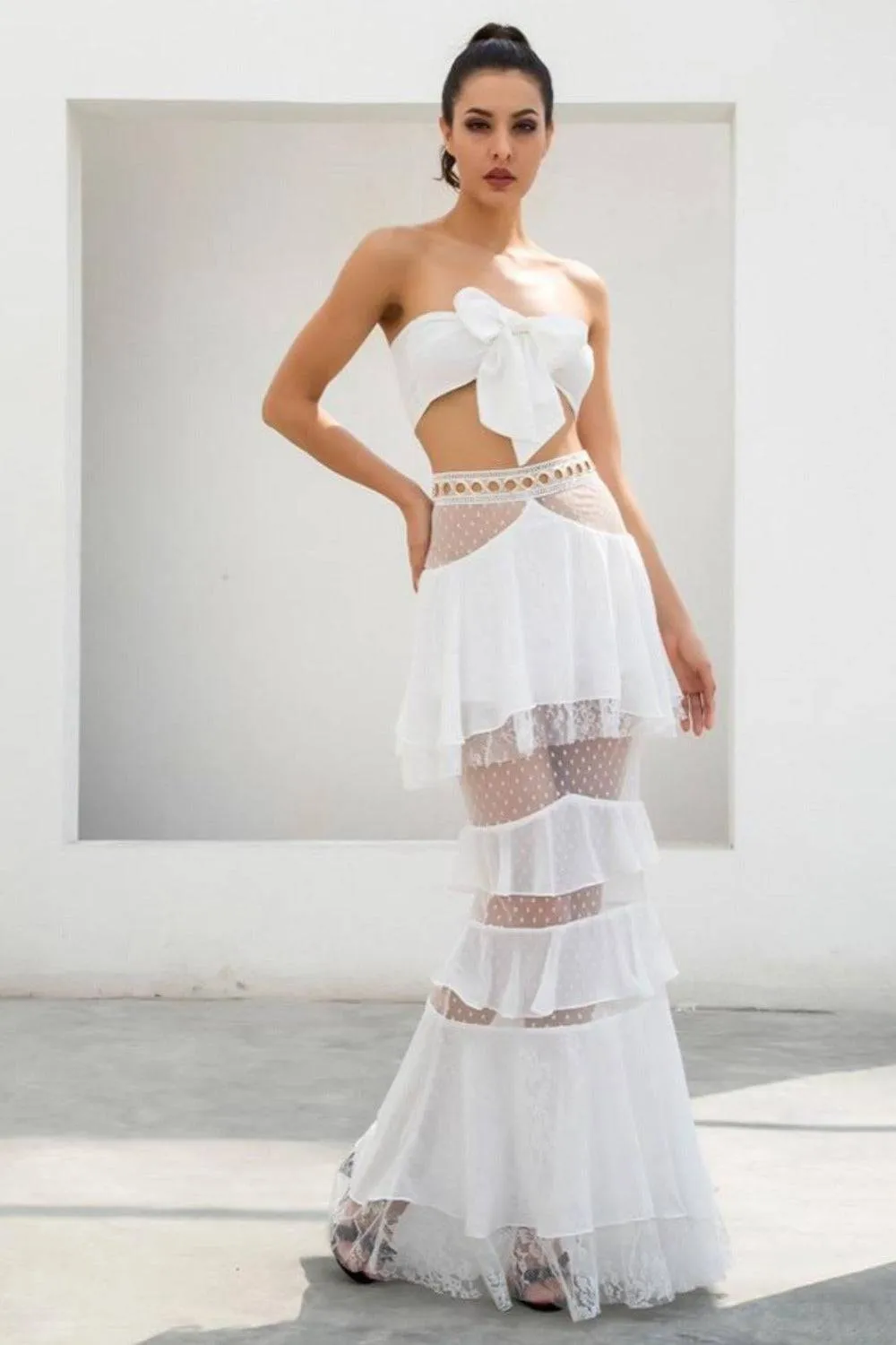 Layered Chiffon Lace Crop Top & Maxi Skirt Matching Set - White