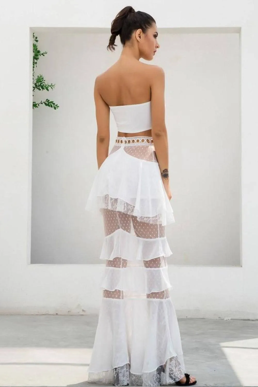 Layered Chiffon Lace Crop Top & Maxi Skirt Matching Set - White