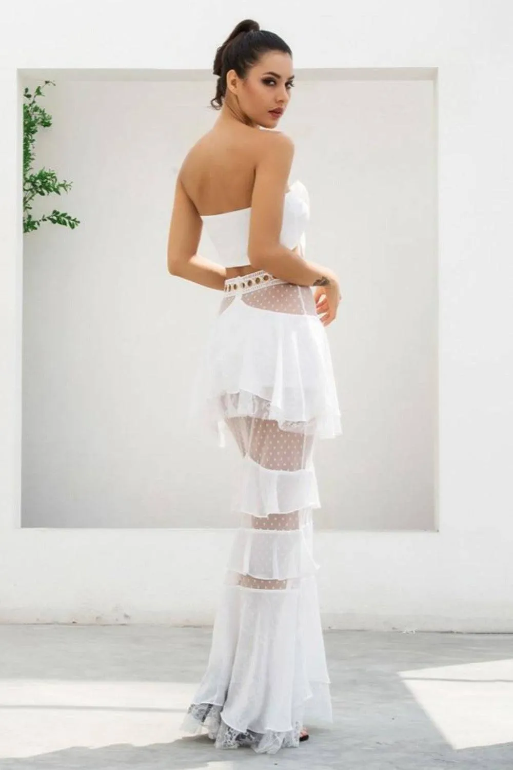 Layered Chiffon Lace Crop Top & Maxi Skirt Matching Set - White