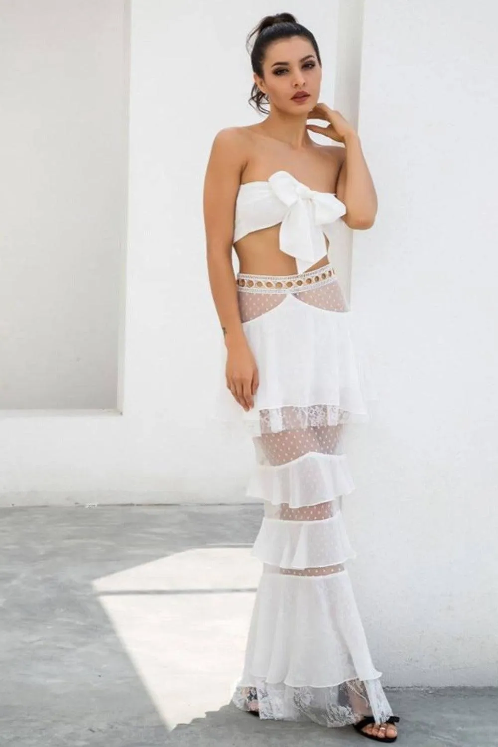 Layered Chiffon Lace Crop Top & Maxi Skirt Matching Set - White