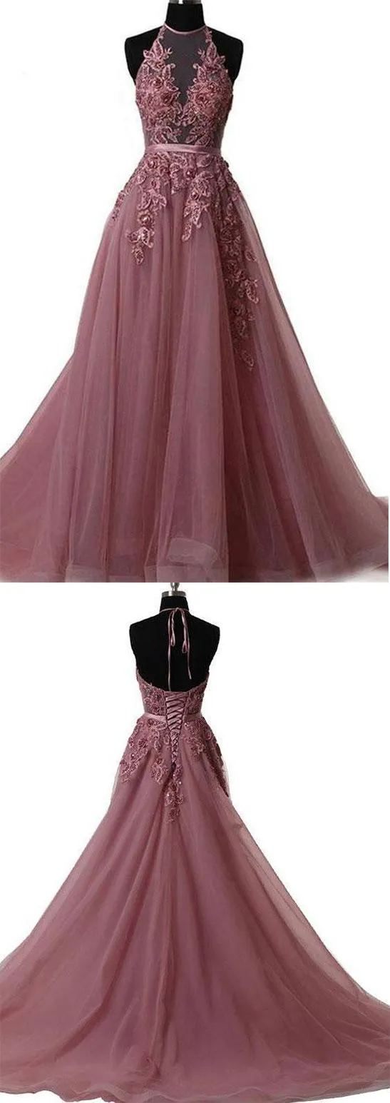 Long Sweep Train Halter Dazzling Top Tulle Modest Prom Dress