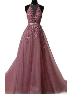 Long Sweep Train Halter Dazzling Top Tulle Modest Prom Dress