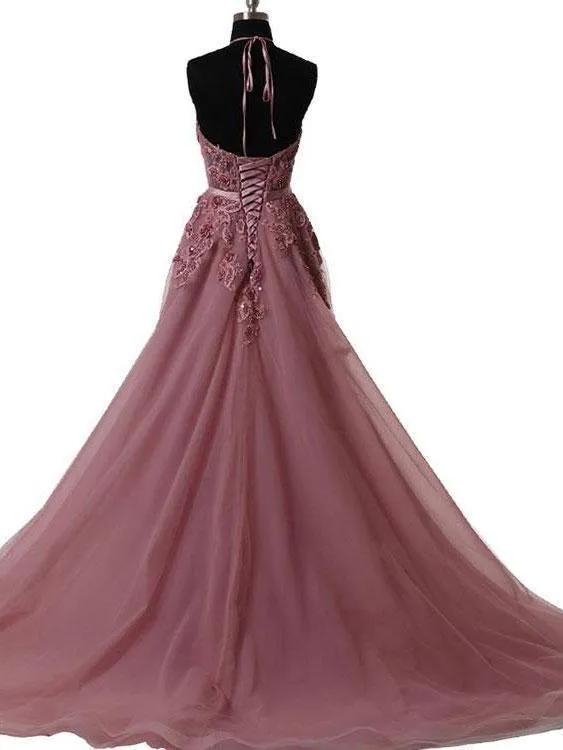 Long Sweep Train Halter Dazzling Top Tulle Modest Prom Dress