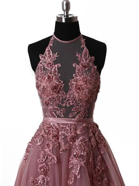 Long Sweep Train Halter Dazzling Top Tulle Modest Prom Dress