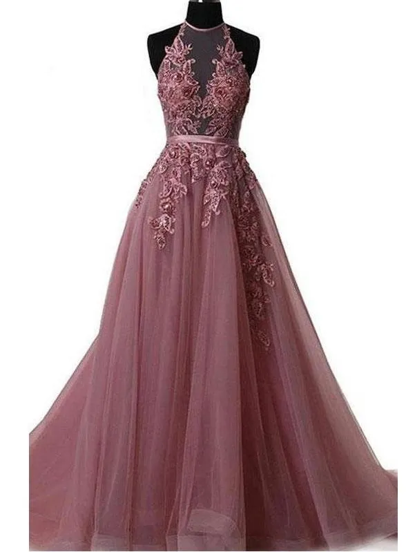 Long Sweep Train Halter Dazzling Top Tulle Modest Prom Dress