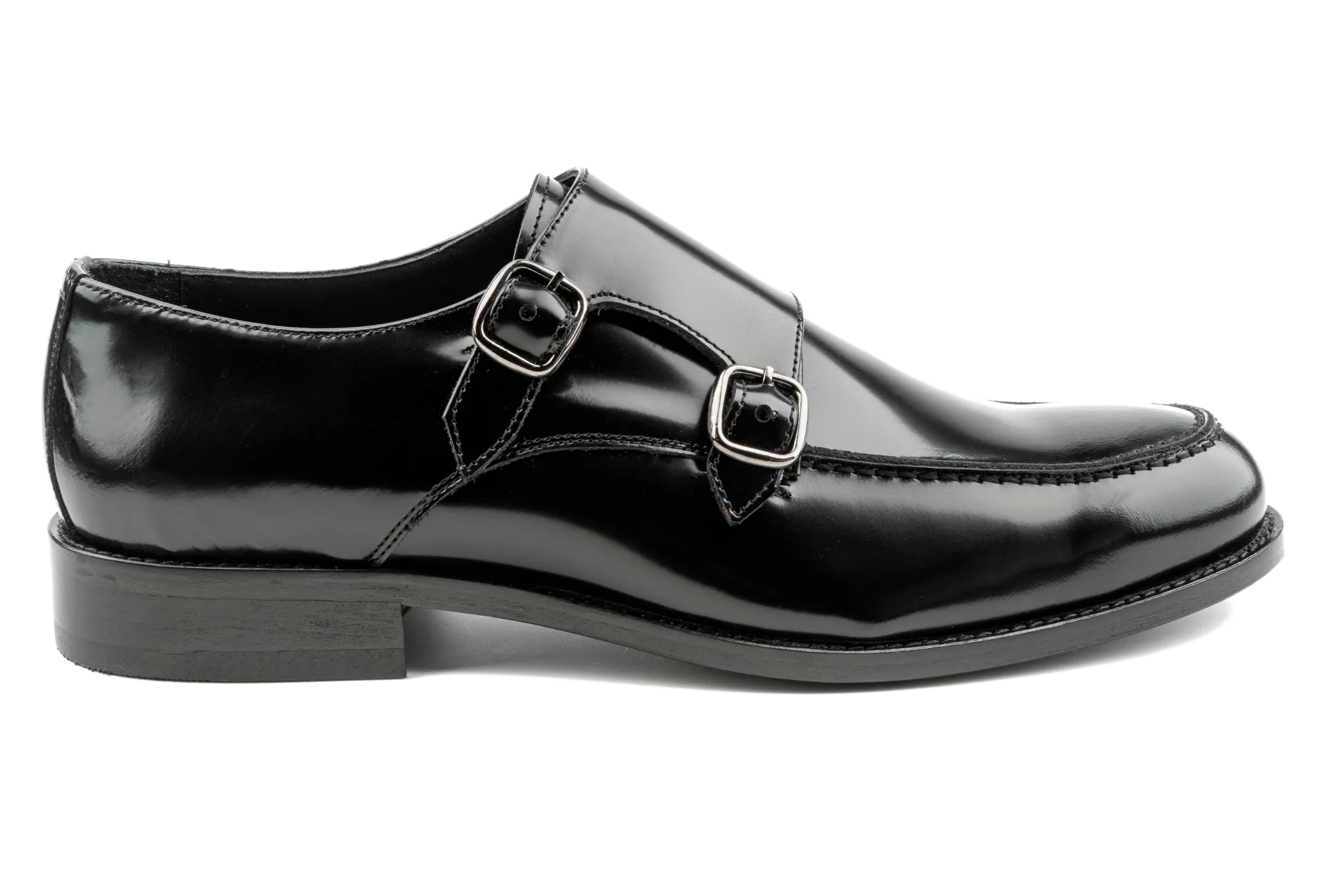 Men's Classic Fashion Black Monk Strap Shoes, Top Grain Leather Double Buckle Monk Strap Shoes, Glossy Finish & Leather Outsole Edi by Debbano