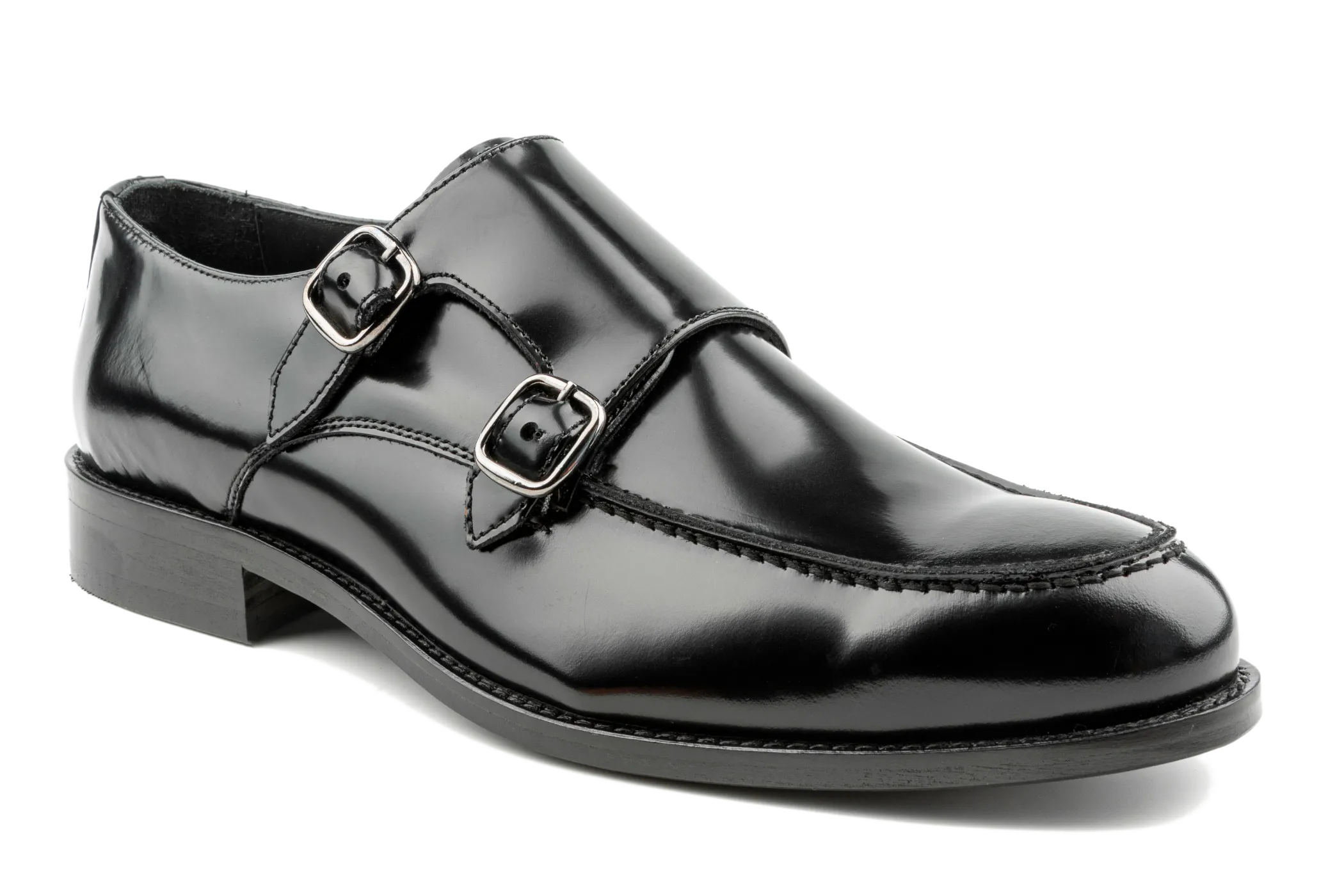Men's Classic Fashion Black Monk Strap Shoes, Top Grain Leather Double Buckle Monk Strap Shoes, Glossy Finish & Leather Outsole Edi by Debbano