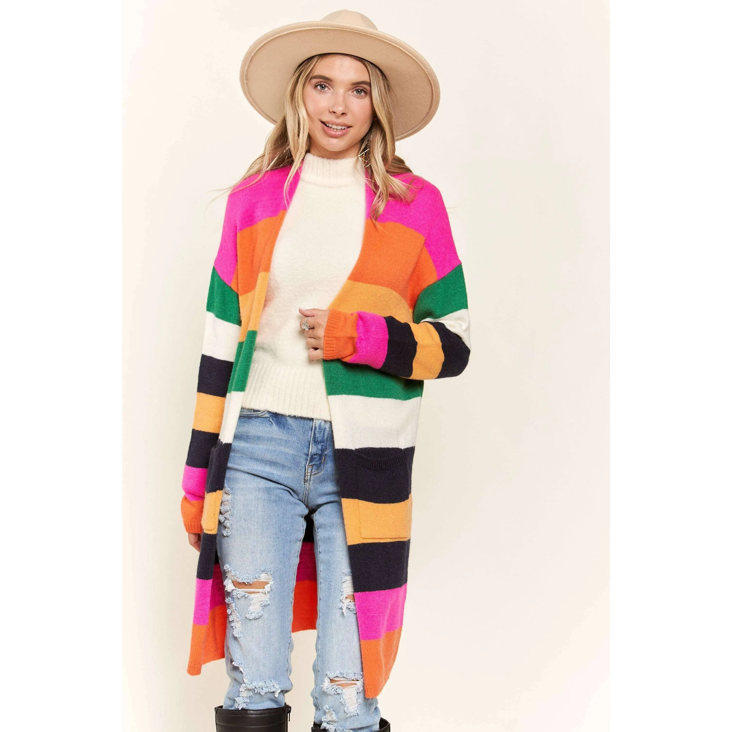 Multi Color Stripe Cardigan with Pockets | Open Front Long Knit Sweater [Sizes SM-L]