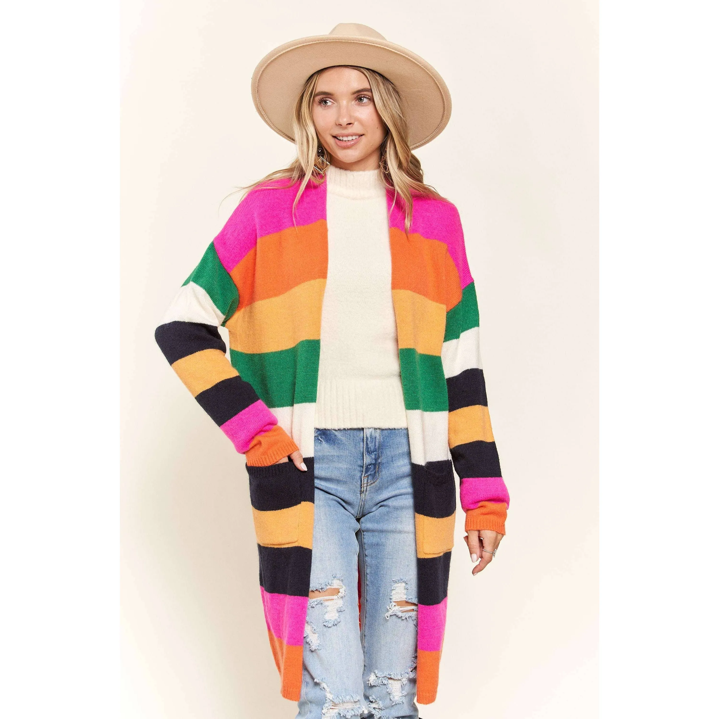 Multi Color Stripe Cardigan with Pockets | Open Front Long Knit Sweater [Sizes SM-L]