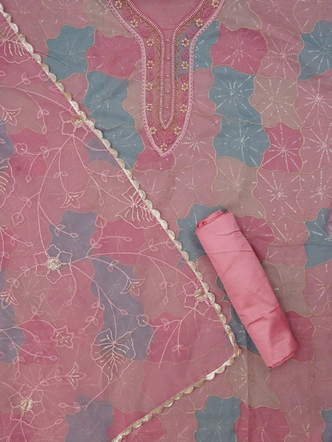 Multicolor Floral Sequin Embroidered Organza Dress Material with Dupatta