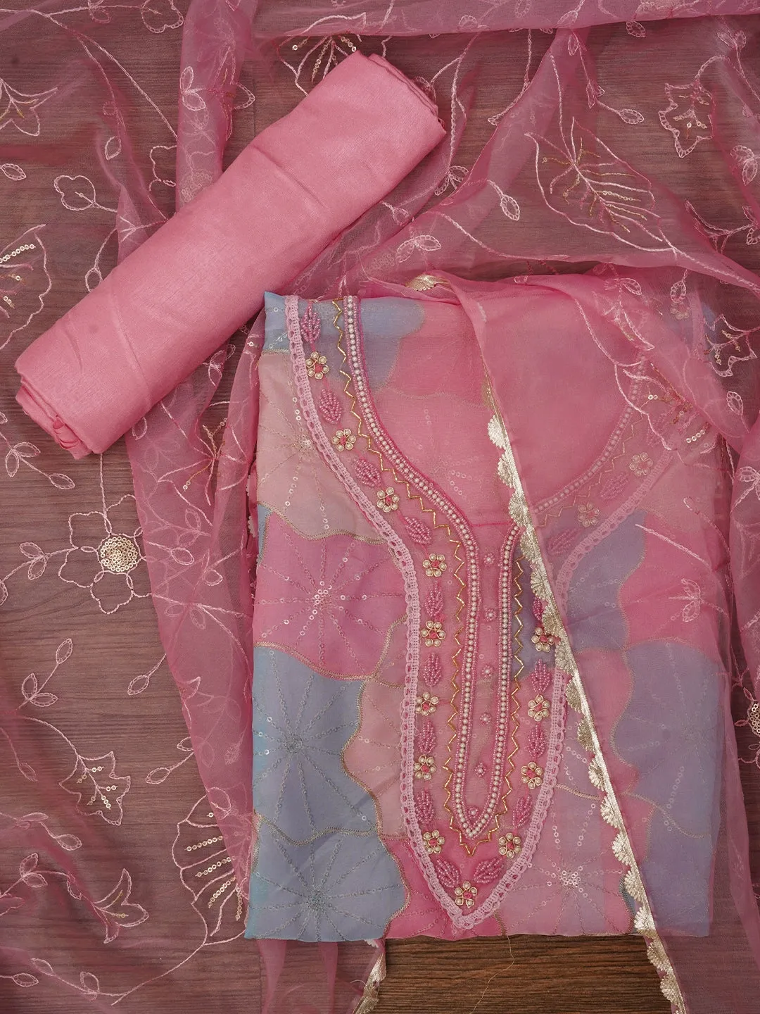 Multicolor Floral Sequin Embroidered Organza Dress Material with Dupatta
