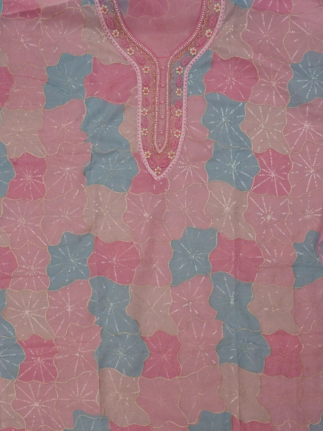 Multicolor Floral Sequin Embroidered Organza Dress Material with Dupatta
